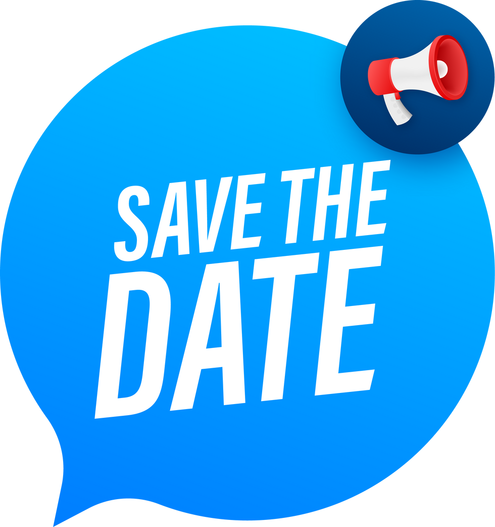 Save the date. Badge, mark on megaphone. Flat vector stock illustration